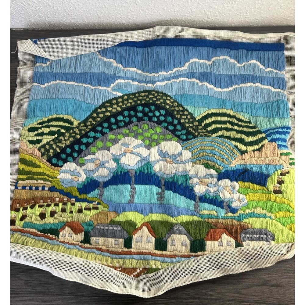 Vintage Framed Crewel 1970s Folk Art Embroidery “In The Happy Valley” As Is READ